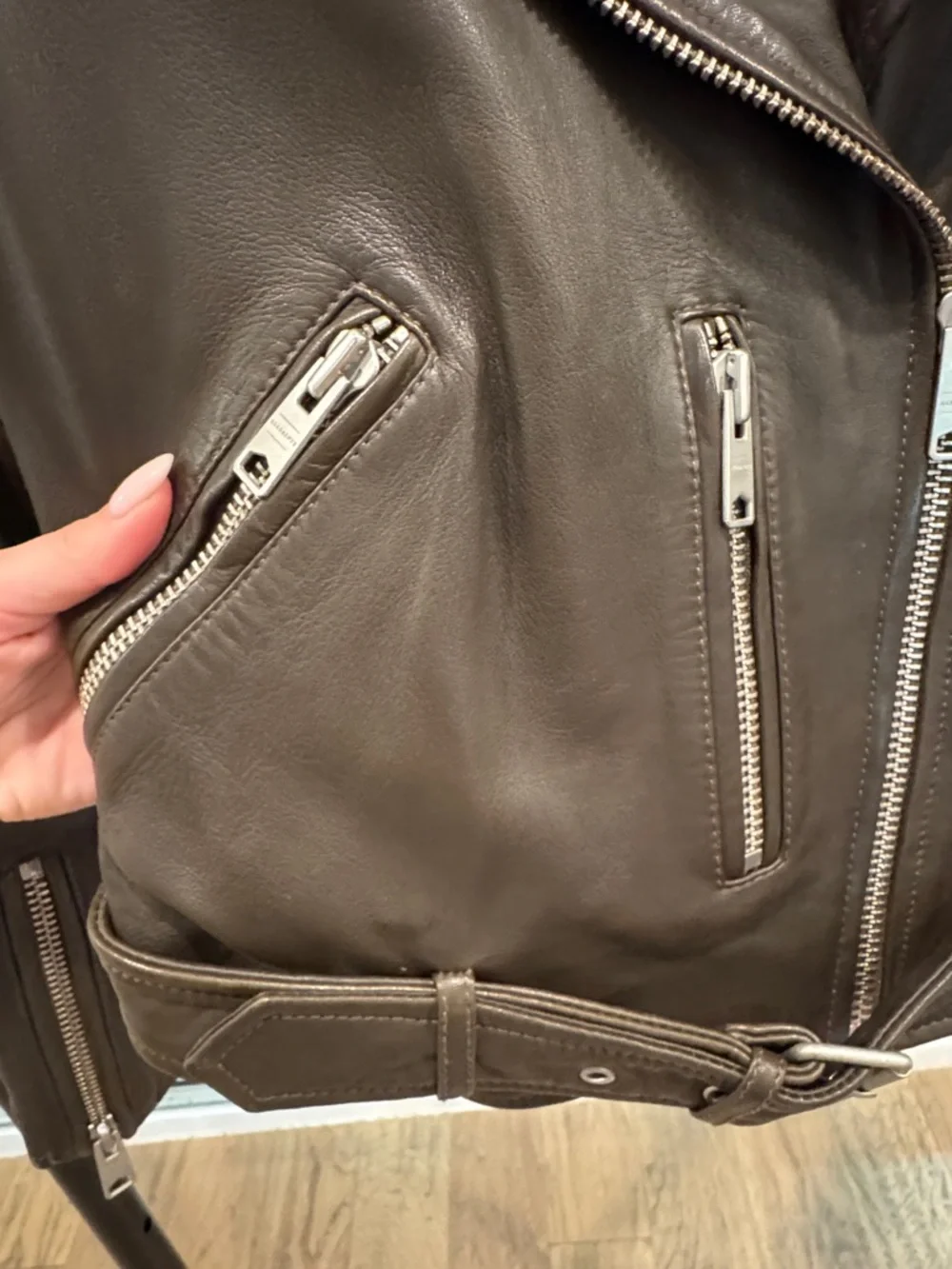 ALLSAINTS Balfern Leather Biker Jacket Dark Olive-Brown Moto Jacket - RARE COLOR - Picture 7 of 13